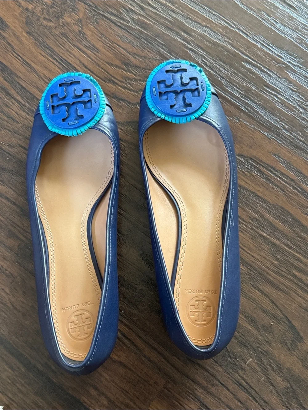 Tory Burch Navy Leather Ballet Flats with Turquoise Logo